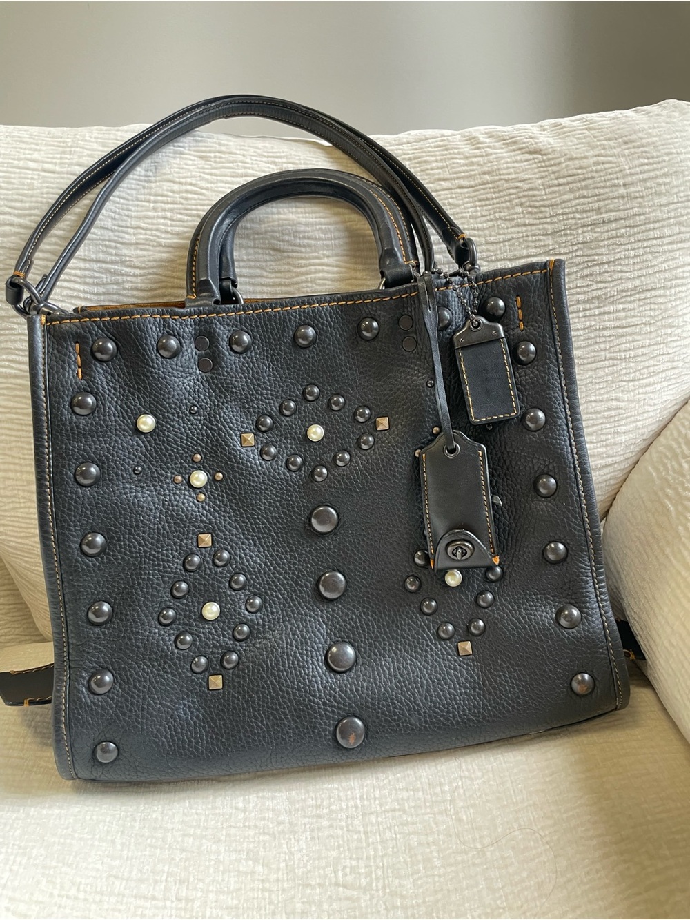 Coach 1941 Rogue31 Special Edition Studded Pearl Black Leather Tote Yellow Suede